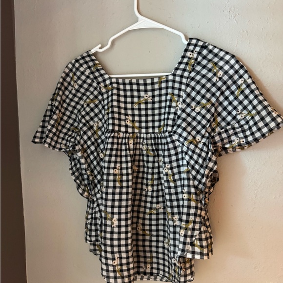 Madewell Black and White Checkered Blouse with Floral Accents - Picture 3 of 4